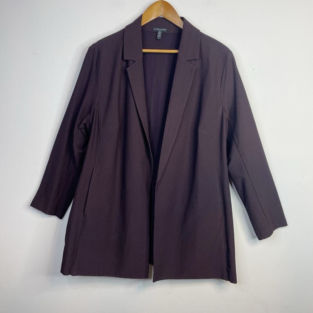 Eileen Fisher Stretch Crepe Open Front Blazer Jacket Deep Plum Brown Womens 2X